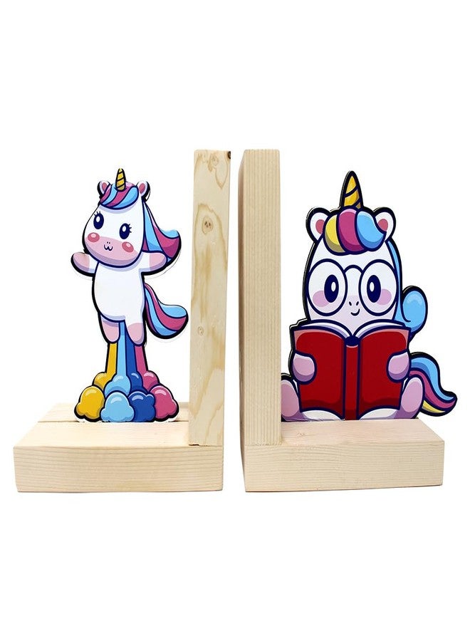 The Rosette Imprint Wooden Bookend for Kids Girls & Boys | Adjustable Book Stopper & Book Holder Stand | Bookends for Study Table, Shelf & Home Decor | Safe & Durable | Unicorn Design - Image 1